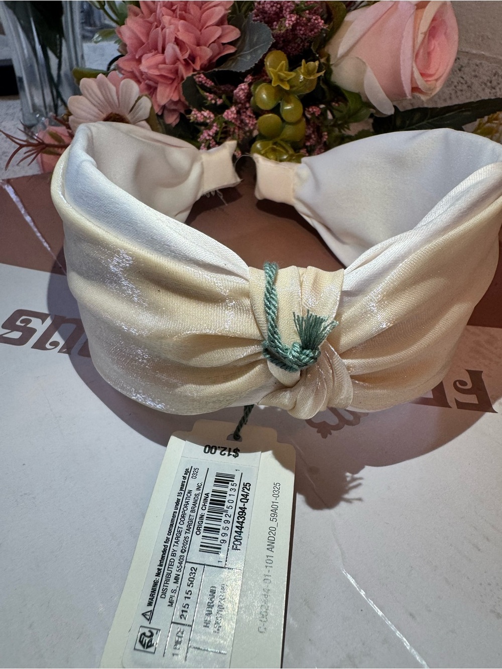 & Other Stories Ivory Satin Knotted Headband with Green Accent